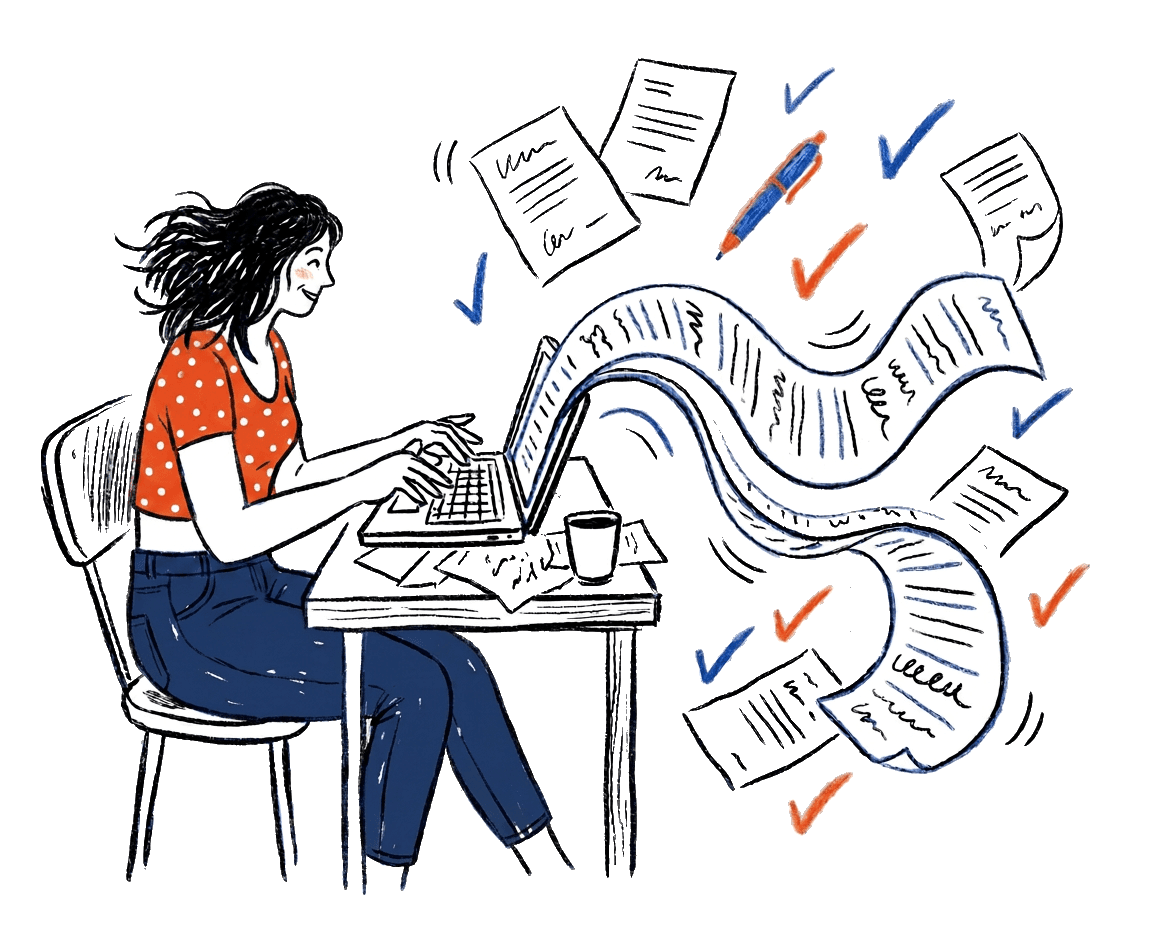 Illustration of a person writing on a laptop while note pages float around them